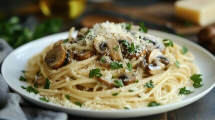 An elegant plate of pasta topped with creamy sauce and sweet honey mushrooms, garnished with fresh parsley and grated cheese.