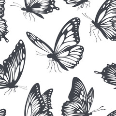 Vector Seamless Monochrome Butterfly Pattern. Hand-Drawn Single Color Butterfly Design for Textile, Wallpaper, Fabric, Wrapping Paper Print. Butterfly Decor
