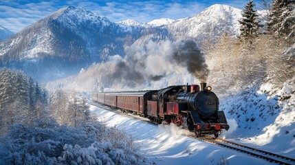 A vintage steam train travels through a snowy mountain landscape.