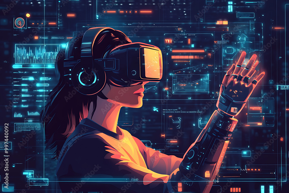 Poster a person with vr headset interacts with digital elements in a futuristic environment.