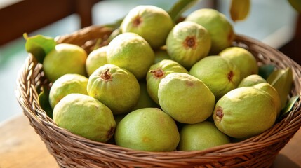 Fresh Thai guavas arranged in a wicker basket, ready to be enjoyed for their sweet and slightly tart flavor.
