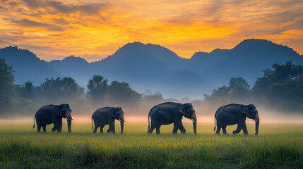 Fototapeta premium Elephants walking in misty field at dawn, creating serene atmosphere