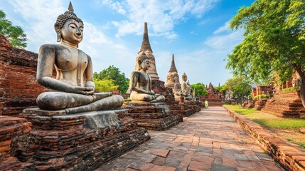 Obraz premium The ancient ruins of Ayutthaya, with towering Buddha statues and red-brick temples, standing amidst greenery.
