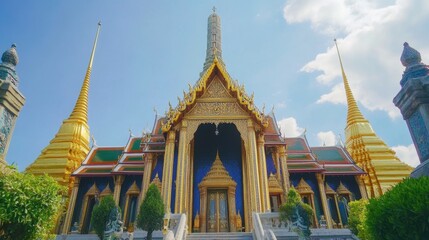 Fototapeta premium The majestic Grand Palace in Bangkok with its golden spires gleaming in the sunlight, surrounded by lush greenery.