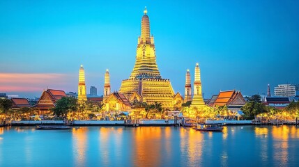 Fototapeta premium Wat Arun, the Temple of Dawn, illuminated at dusk, with its intricate spires reflecting in the Chao Phraya River.