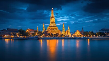 Naklejka premium Wat Arun, the Temple of Dawn, illuminated at dusk, with its intricate spires reflecting in the Chao Phraya River.