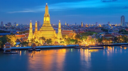 Naklejka premium Wat Arun, the Temple of Dawn, illuminated at dusk, with its intricate spires reflecting in the Chao Phraya River.