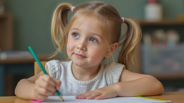 A young girl in kindergarten or pre-school looking thoughtful while drawing on a piece of paper. She has pigtails and has a slight smile on her face. School setting.