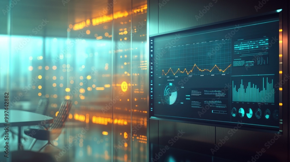 Aufkleber a business-themed background showing charts, graphs, and data analytics on a digital screen with a m