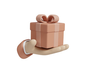 3D rendered illustration with cartoon hand presenting a gift box. It symbolizes giving and the excitement of receiving gifts. Conveying kindness and surprise isolated on transparent background.