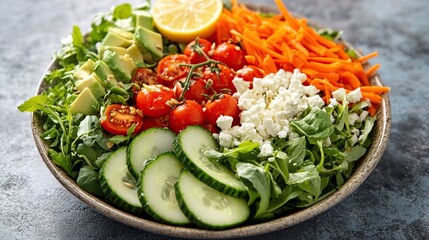 Fresh salad with avocado, tomatoes, and greens.