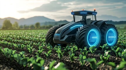 A futuristic tractor equipped with AI technology, navigating through fields autonomously