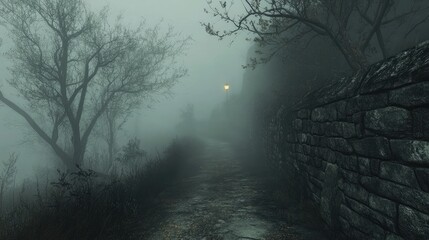 A desolate path shrouded in thick mist, with dim light barely piercing through, creating an eerie Halloween atmosphere full of mystery and suspense.