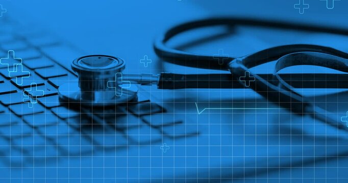 Hospital, computer and graphs with overlay for heartbeat, stethoscope and cross hologram for healthcare. Keyboard, cardiology and grid for connectivity with telehealth, charts and futuristic clinic