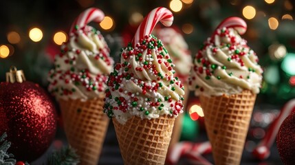 Naklejka premium Christmas ice cream cones decorated with red and green sprinkles, candy canes, and a touch of festive magic.