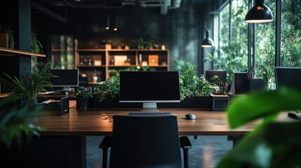 Modern office space with greenery and technology.