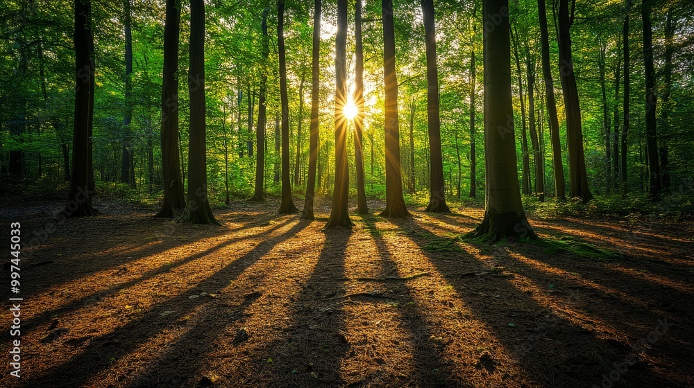 Poster sunlight streams through the tall trees of a vibrant forest, creating an enchanting atmosphere as lo