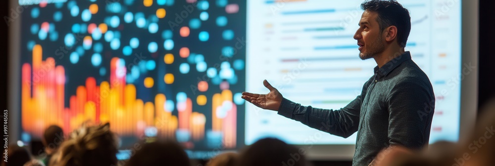 Aufkleber an expert confidently delivers a presentation, showcasing colorful charts and graphs to an engaged a