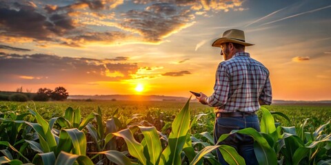 Agricultor en un campo de maíz al atardecer, agricultura rural y cultivo de cosechas en el campo.
