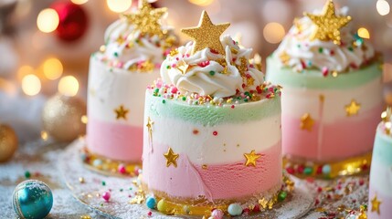 New Year's ice cream cakes with sparkling decorations, edible gold stars, and vibrant holiday colors.