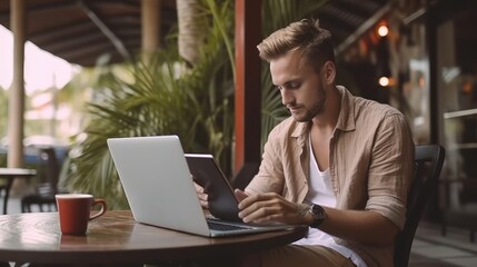 Young Man Working on Laptop in a Cafe