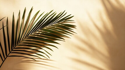 Obraz premium Palm leaf casting shadows on a beige background.
