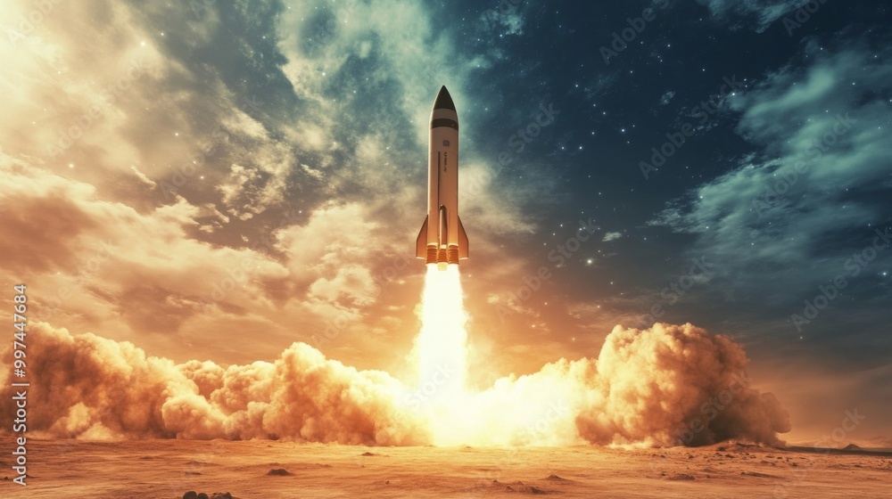 Poster a large rocket is seen ascending into the sky, leaving a trail of fire and smoke. the vibrant colors