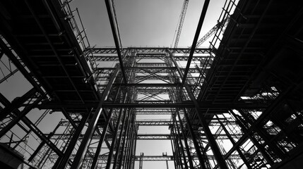 A massive steel beam extends toward the sky, held up by temporary scaffolding at a construction site. The skeletal framework showcases industrial engineering and design