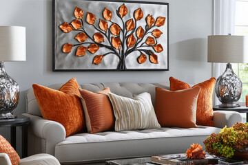 Elegant Fall-Themed Living Room Decor with Large Leaf Wall Art, Generative AI
