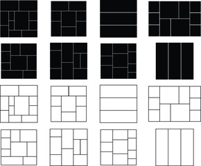 Template collage frame photos flat, line composition Set. Realistic vectors mockup. Frame for photo and picture, mosaic frame banner, photography album layout, photo puzzle on transparent background.