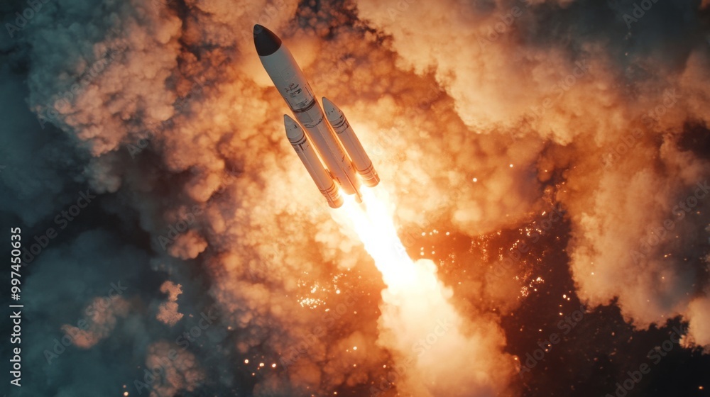 Poster a rocket lifts off from the launchpad, leaving behind a trail of fire and smoke. surrounding clouds 
