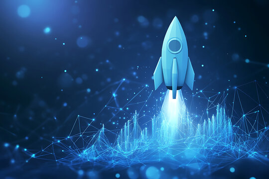 A blue rocket launching amidst a digital landscape of interconnected lines and particles.