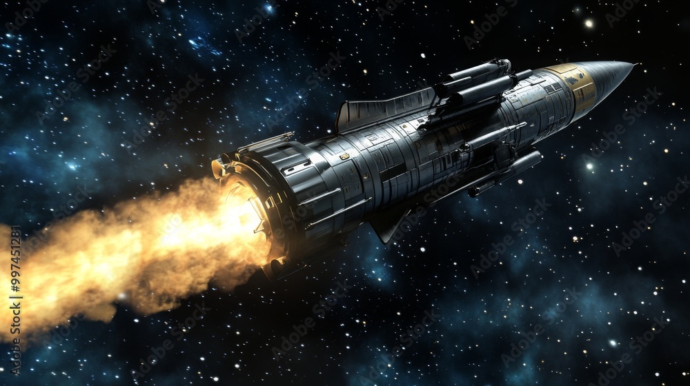 Poster a sleek spacecraft navigates the depths of outer space, leaving a blazing trail of fire behind. the 
