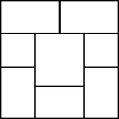 Template collage frame photos linear composition. Realistic vector mockup. Frame for photo and picture, mosaic frame banner, photography album layout, photo puzzle isolated on transparent background.