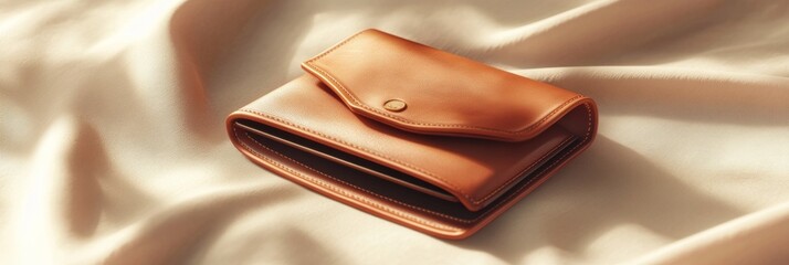 A beautiful three-dimensional rendering of a luxury wallet, crafted from high-quality leather. The wallet is shown open, revealing its organized interior and rich color