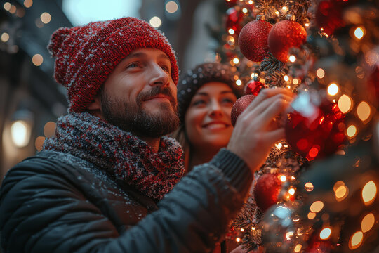 A gay couple decorating their home for a holiday while a diverse group of friends helps. Concept of LGBTQ+ community and friendship.
