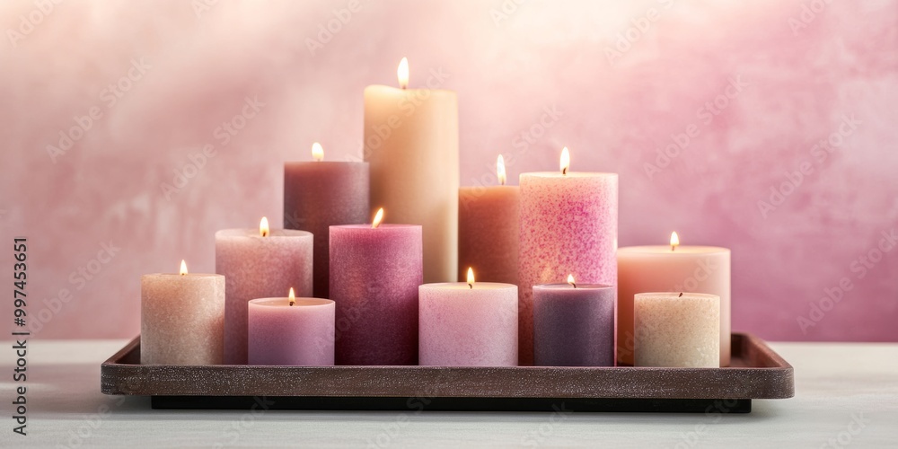 Poster a chic collection of decorative candles displayed in various sizes and colors. the candles are arran