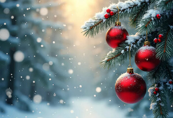 Sparkling red ornaments on the branch of a pine tree covered with snow, on the background of a soft winter forest.