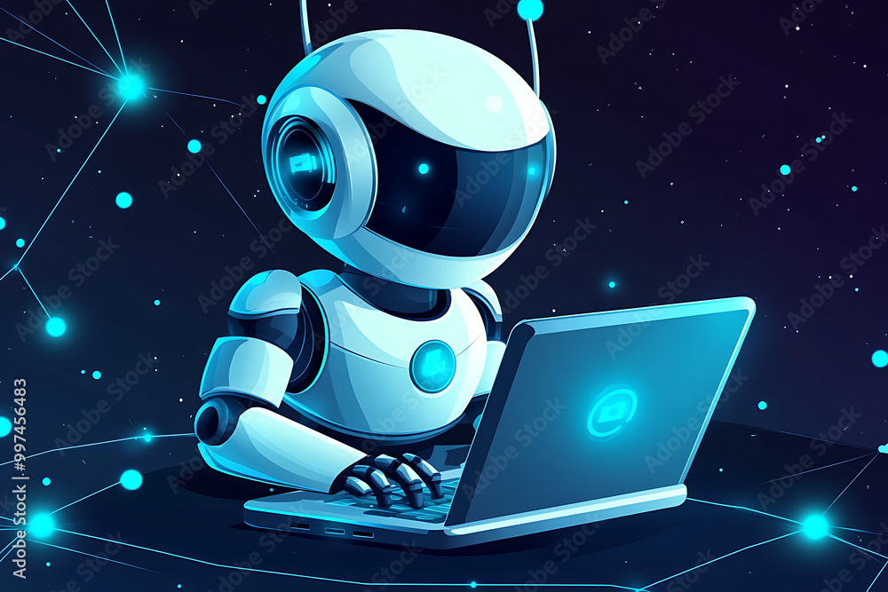 Poster a futuristic robot working on a laptop in a digital space environment.
