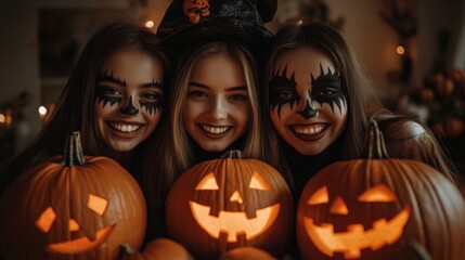 Fototapeta premium Halloween Celebrations with Witches and Pumpkins in an Autumn Forest Setting