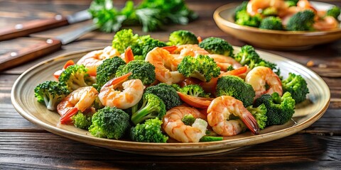 A healthy and delicious meal of sauteed shrimp and broccoli florets, served on a rustic wooden table