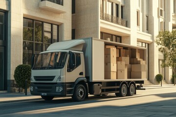 Delivery truck parked on the street with open doors, revealing packed boxes ready for transport during daylight