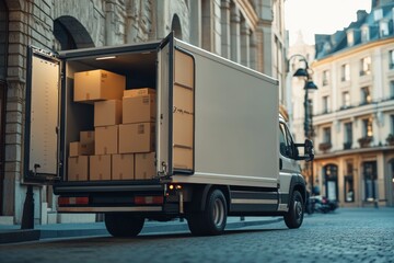 A delivery truck parked on a city street, with open doors revealing packed boxes ready for moving in the afternoon light