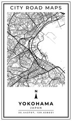 Monochrome Line Art Map of Yokohama City of Japan, Illustration and home decoration