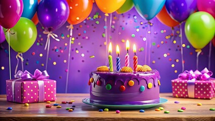 Purple Birthday Cake with Candles, Balloons, and Gifts on a Wooden Table