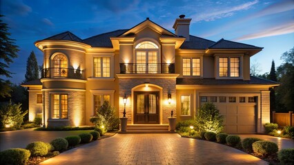A luxurious residence illuminated by warm lights, showcasing its architectural details and inviting ambiance at dusk.