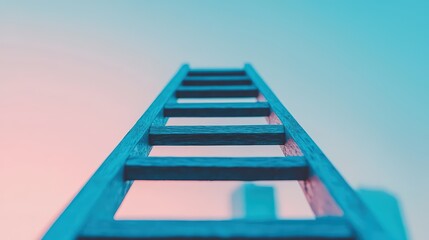 A ladder made of coins, each rung labeled as a business goal, leading up to a city skyline, minimalistic, peaceful, realistic, medium shot.