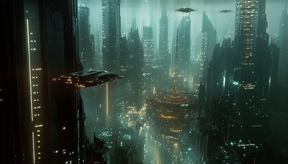 Obraz premium A sci-fi city with sleek skyscrapers, flying vehicles, and glowing holograms, offering a glimpse into a high-tech future
