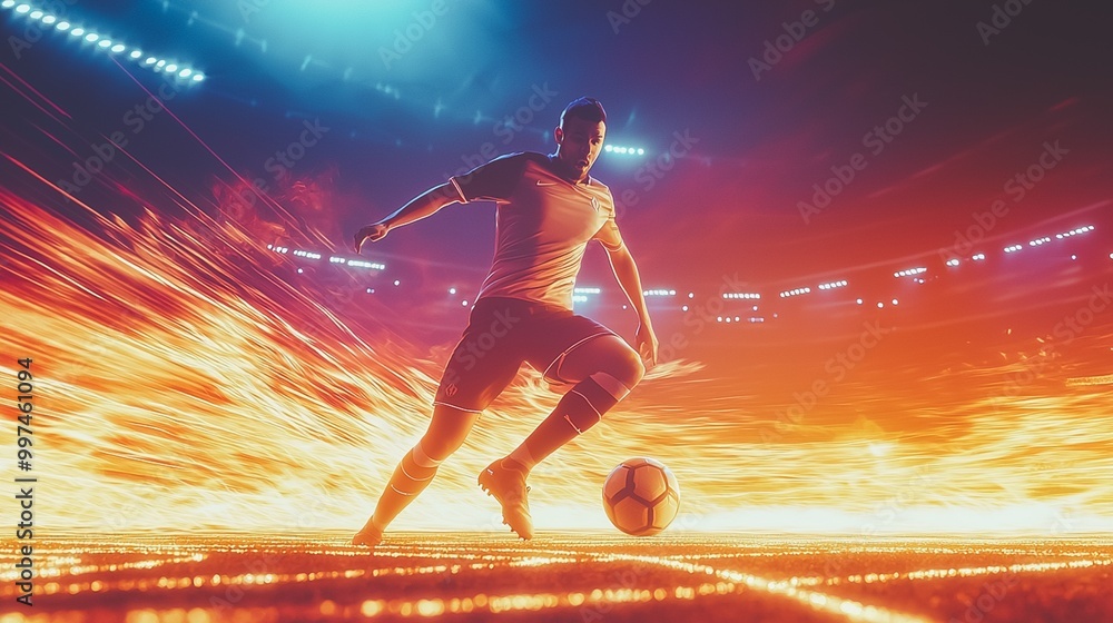 Aufkleber professional soccer player running with ball on the field in a brightly lit stadium during an intens
