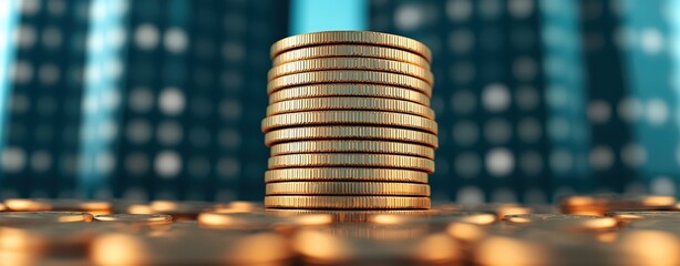 A bridge made of coins connecting two skyscrapers, representing financial success in business expansion, minimalistic, peaceful, realistic, medium shot.